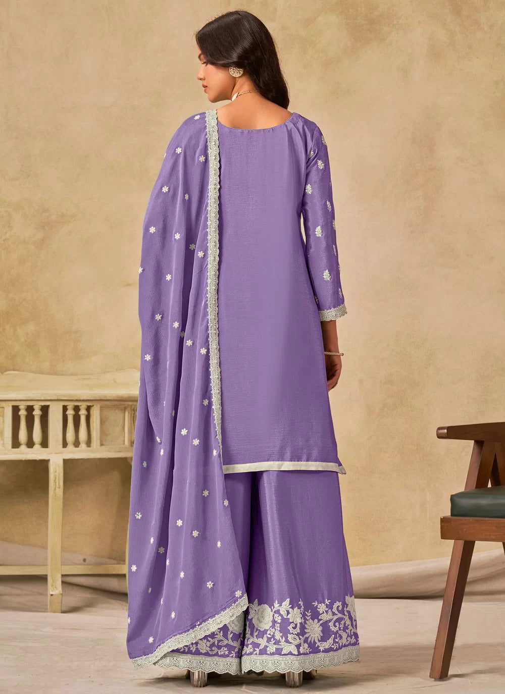 Lavender chinnon silk embroidered stylish palazzo suit for women