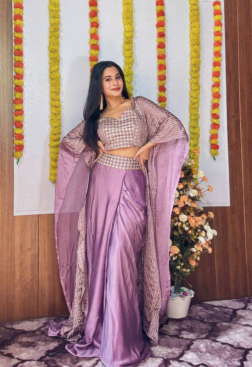Lavender Classy & Elegant Kasturi Silk Indo-Western Dhoti Set with Sequins Work