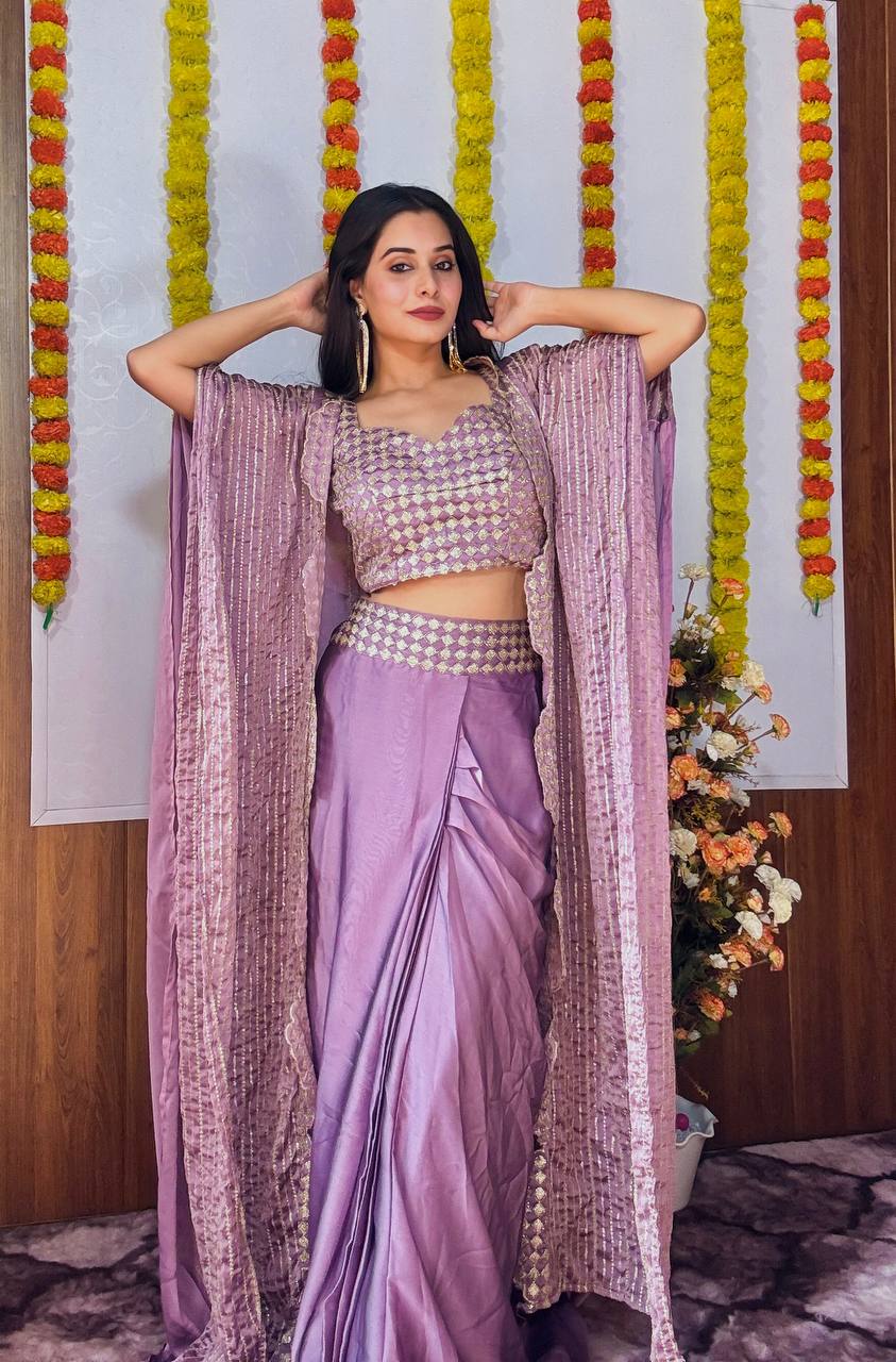 Lavender Classy & Elegant Kasturi Silk Indo-Western Dhoti Set with Sequins Work