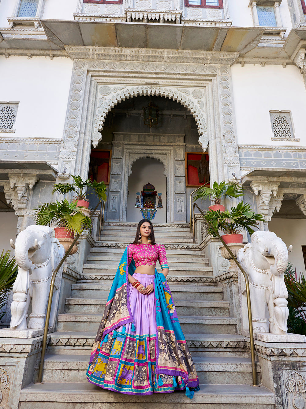 Lavender tasar silk lehenga choli with kalamkari print foil work