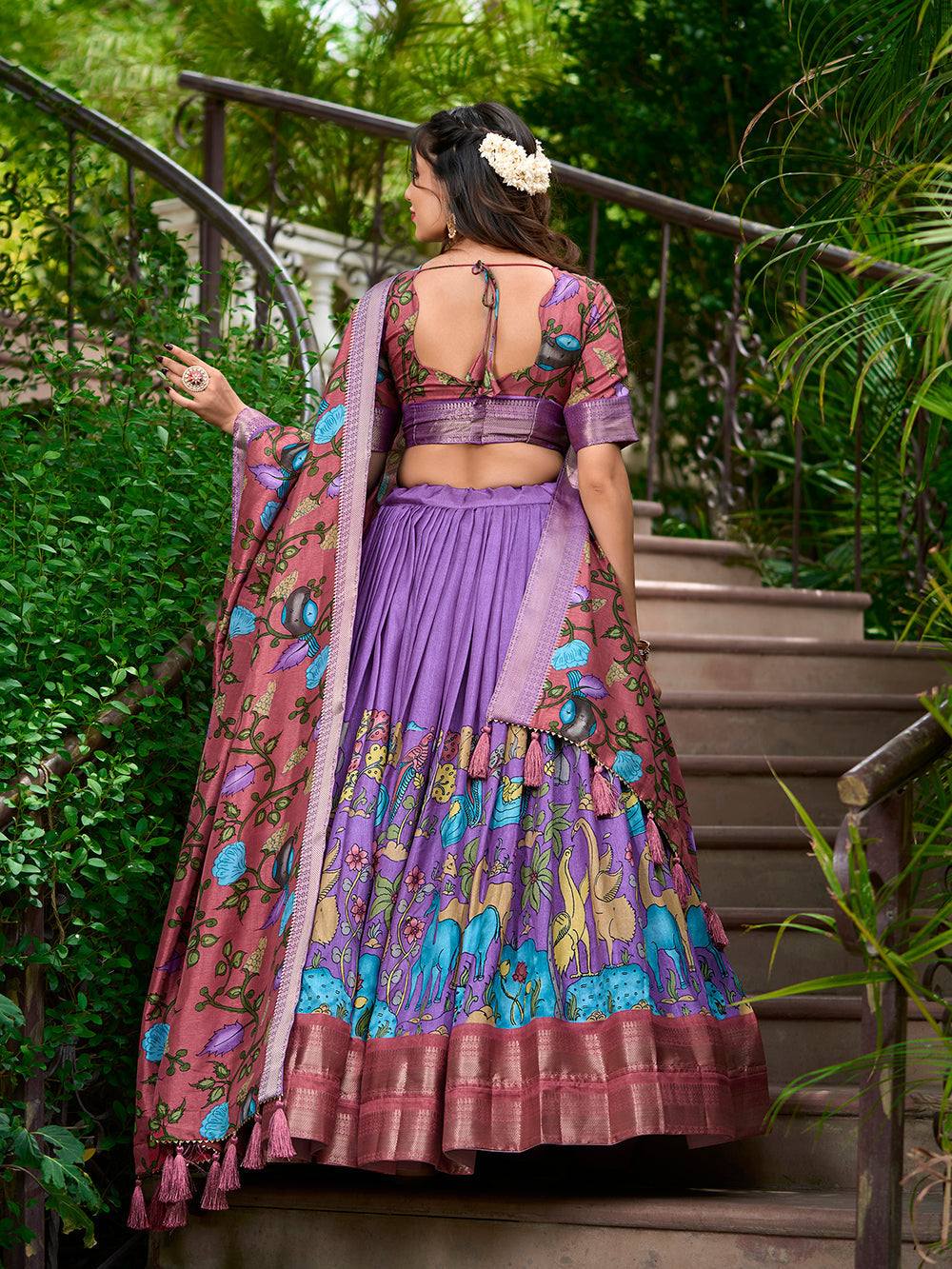 Lavender dola silk voni lehenga choli with kalamkari print zari weaving