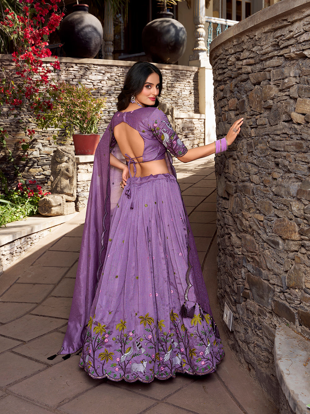 Lavender color sequins and thread embroidery work vichitra shimmer lehenga choli