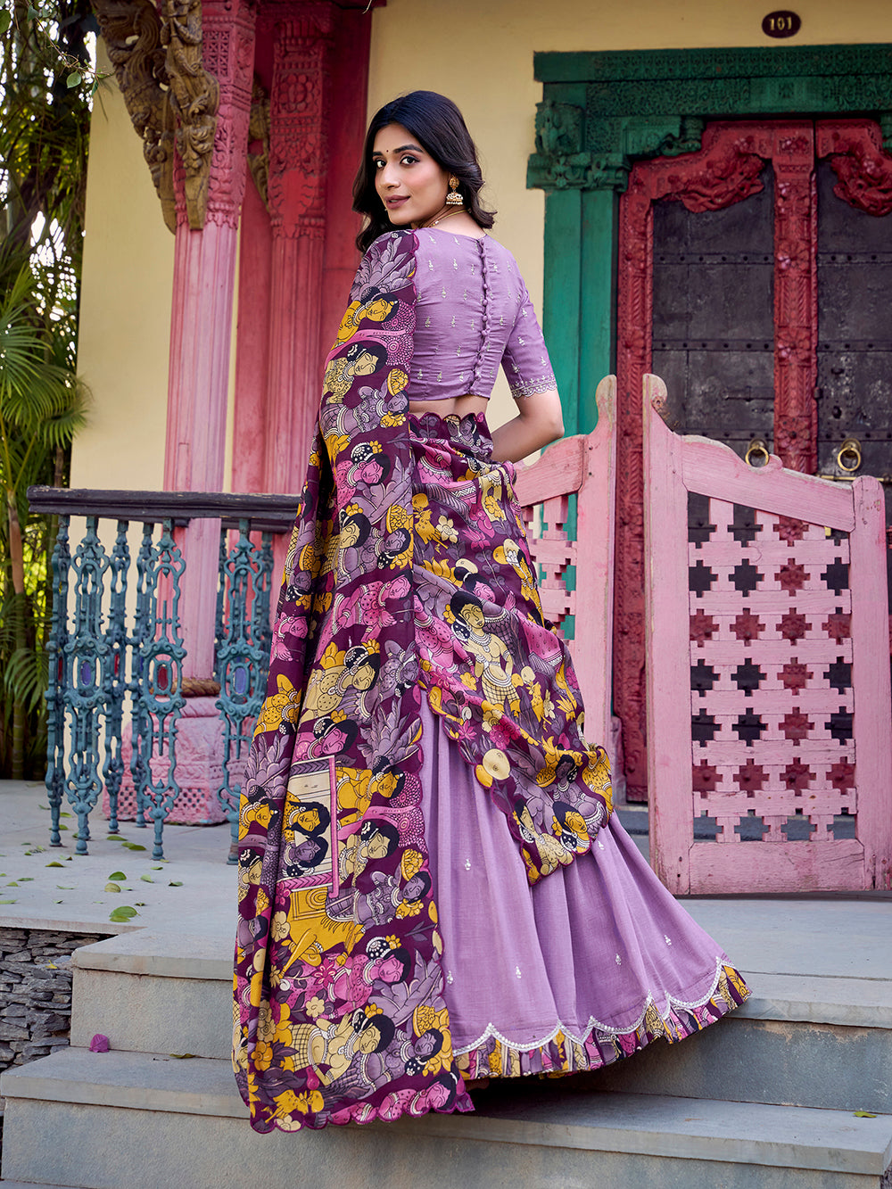 Lavender vichitra silk lehenga choli with kalamkari scallop border tussar silk dupatta