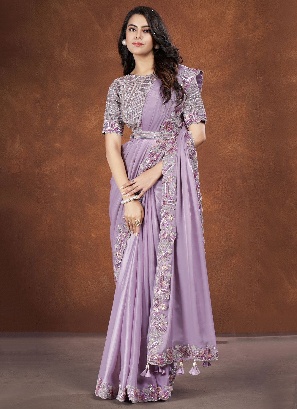Lavender crepe satin silk saree with banglori silk stitched blouse