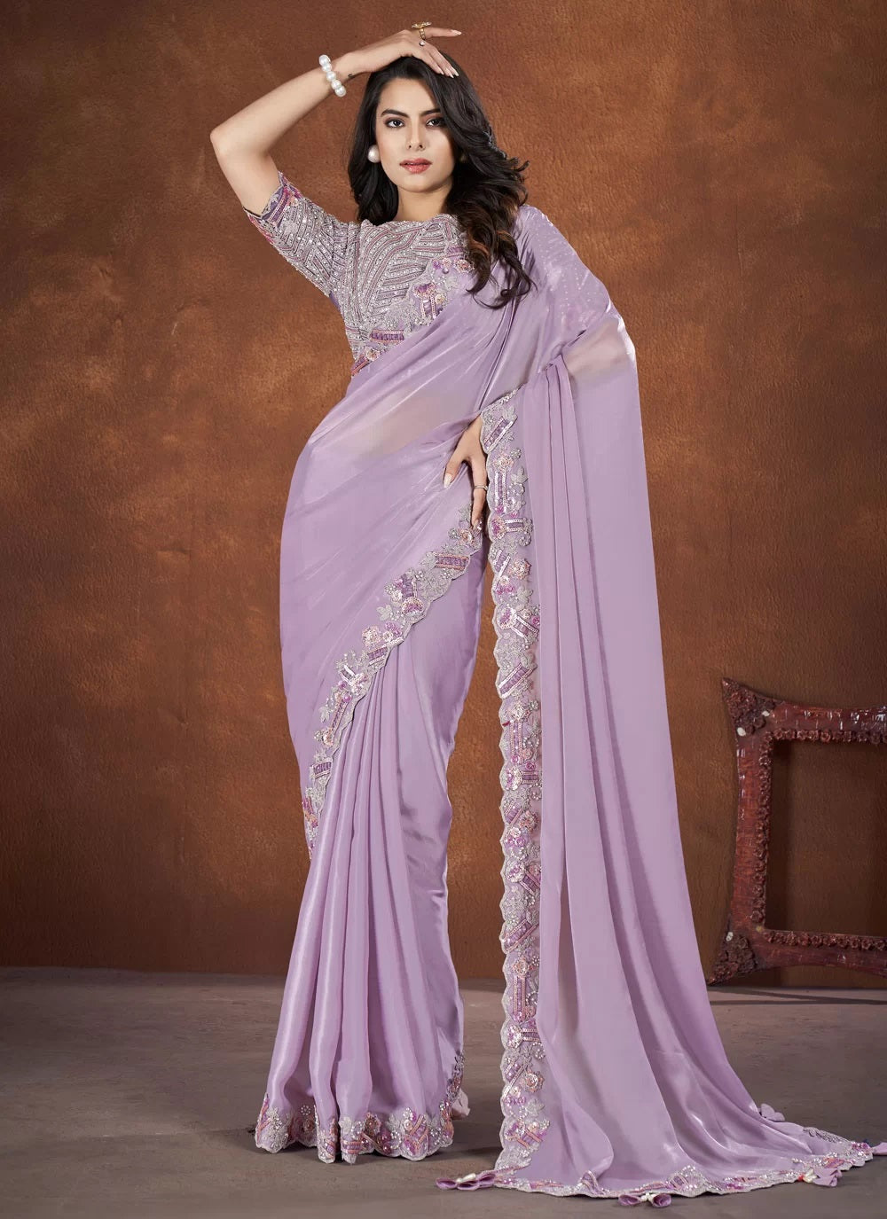 Lavender crepe satin silk saree with banglori silk stitched blouse
