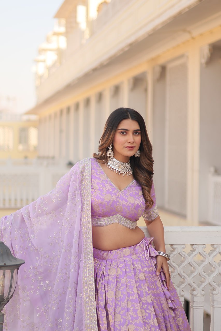 Lavender Dazzling Designer Dyeable Pure Viscose Jacquard Lehenga Choli Set with Sequins Embroidery