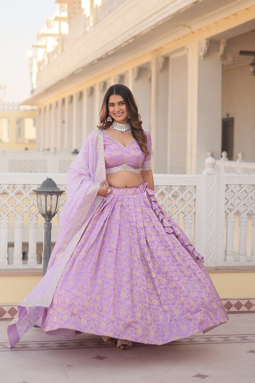 Lavender Dazzling Designer Dyeable Pure Viscose Jacquard Lehenga Choli Set with Sequins Embroidery
