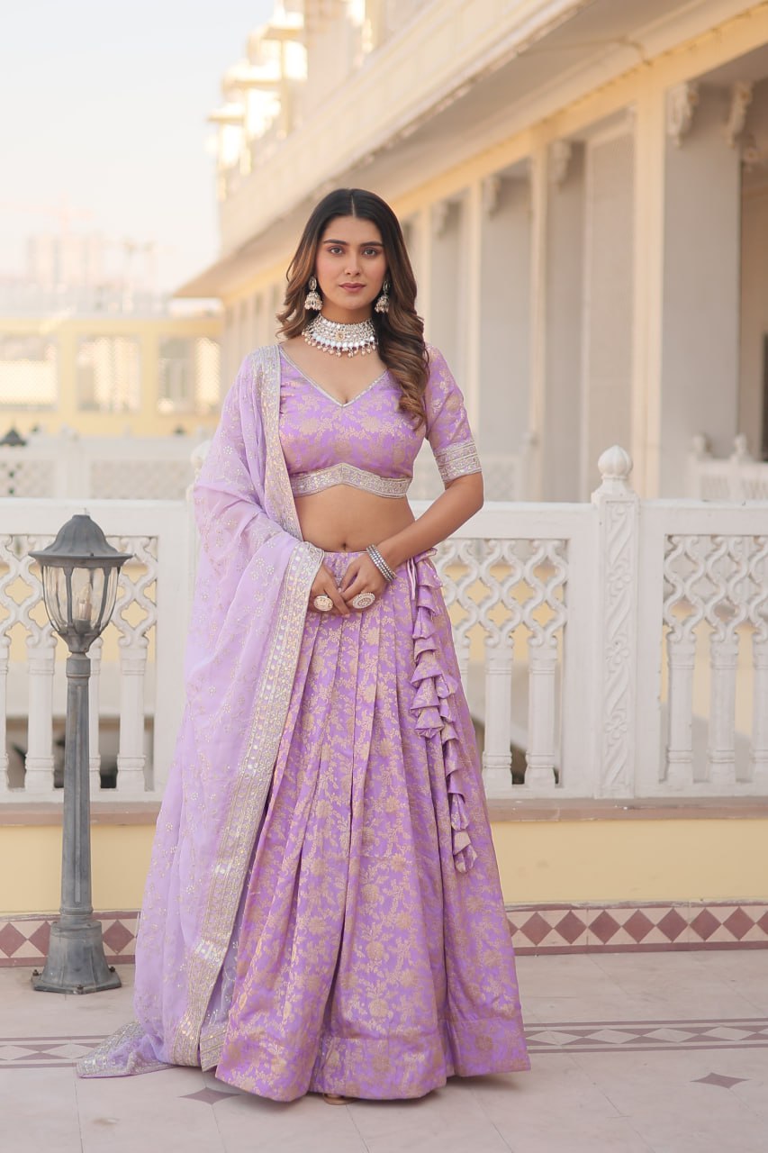 Lavender Dazzling Designer Dyeable Pure Viscose Jacquard Lehenga Choli Set with Sequins Embroidery