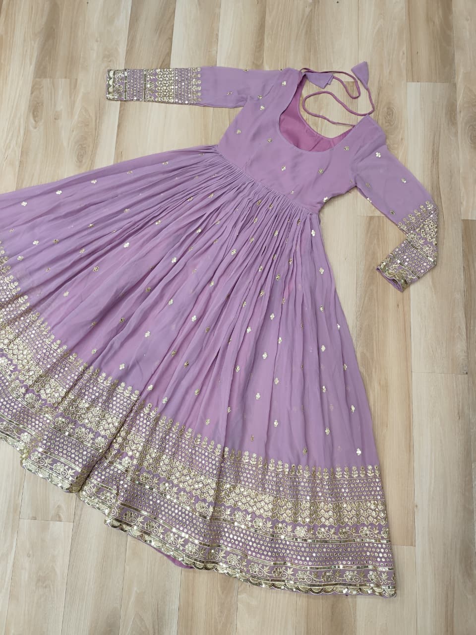 Lavender Designer Dusty-Tone Faux Georgette Gown with Embroidery & Sequins Dupatta