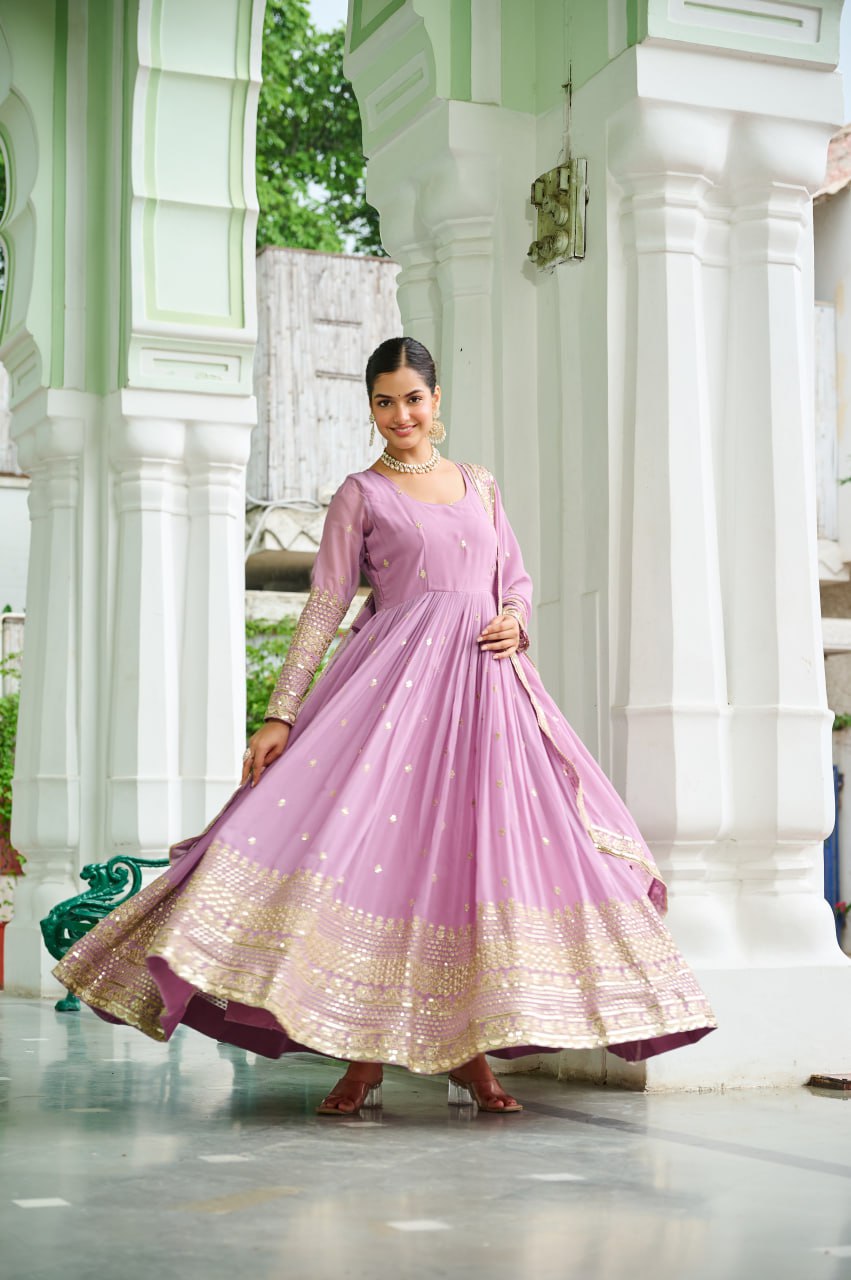 Lavender Designer Dusty-Tone Faux Georgette Gown with Embroidery & Sequins Dupatta