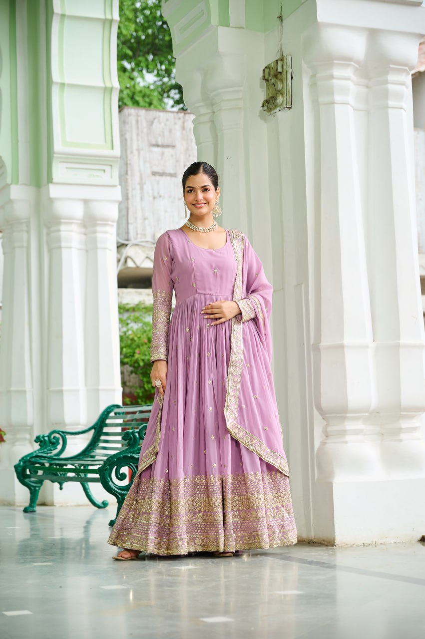 Lavender Designer Dusty-Tone Faux Georgette Gown with Embroidery & Sequins Dupatta