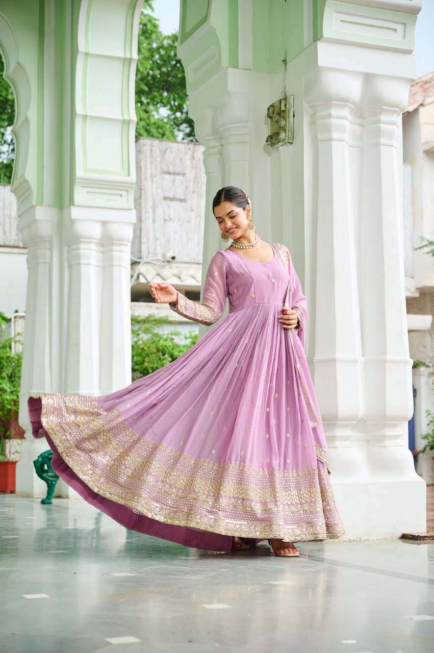 Lavender Designer Dusty-Tone Faux Georgette Gown with Embroidery & Sequins Dupatta