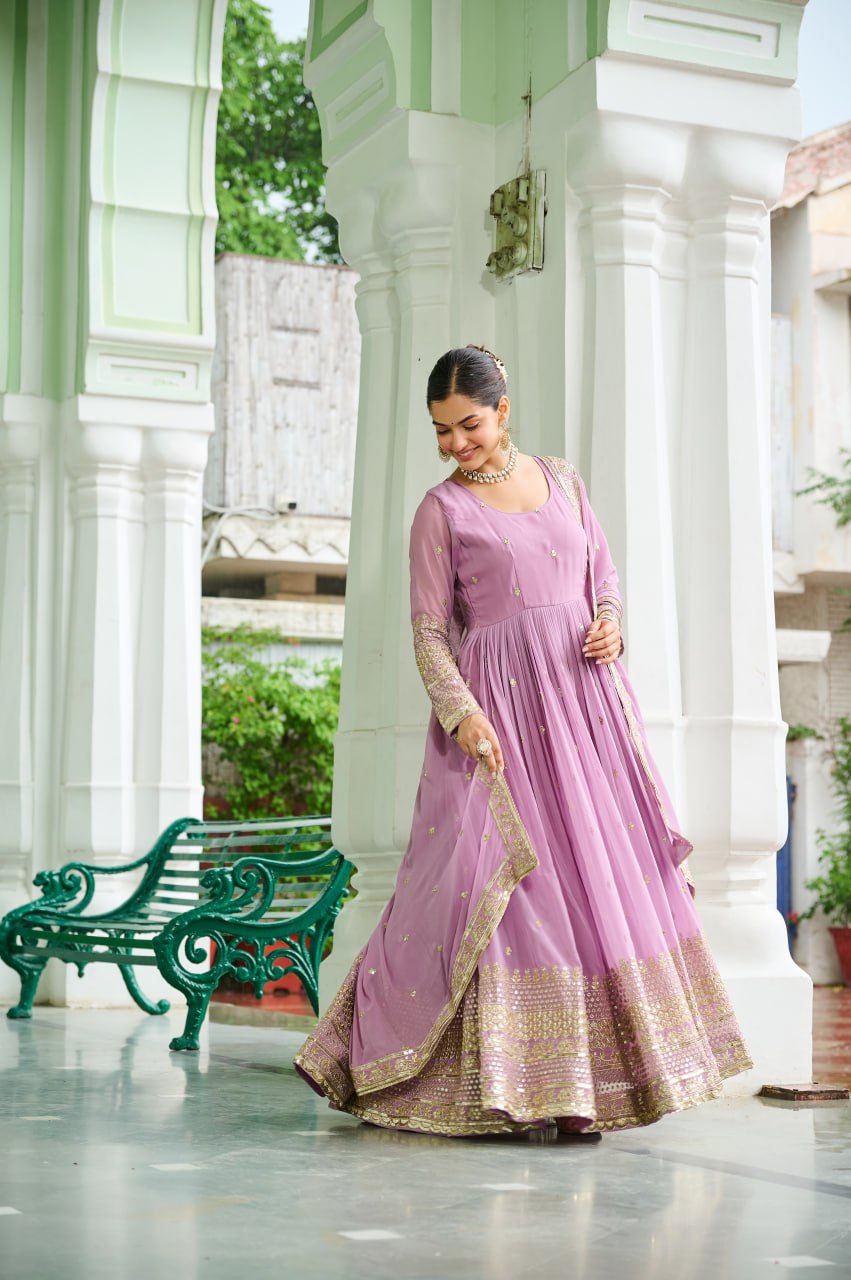 Lavender Designer Dusty-Tone Faux Georgette Gown with Embroidery & Sequins Dupatta