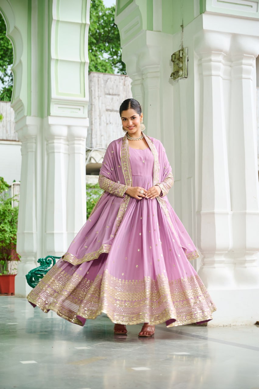 Lavender Designer Dusty-Tone Faux Georgette Gown with Embroidery & Sequins Dupatta