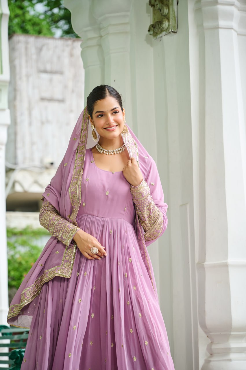 Lavender Designer Dusty-Tone Faux Georgette Gown with Embroidery & Sequins Dupatta