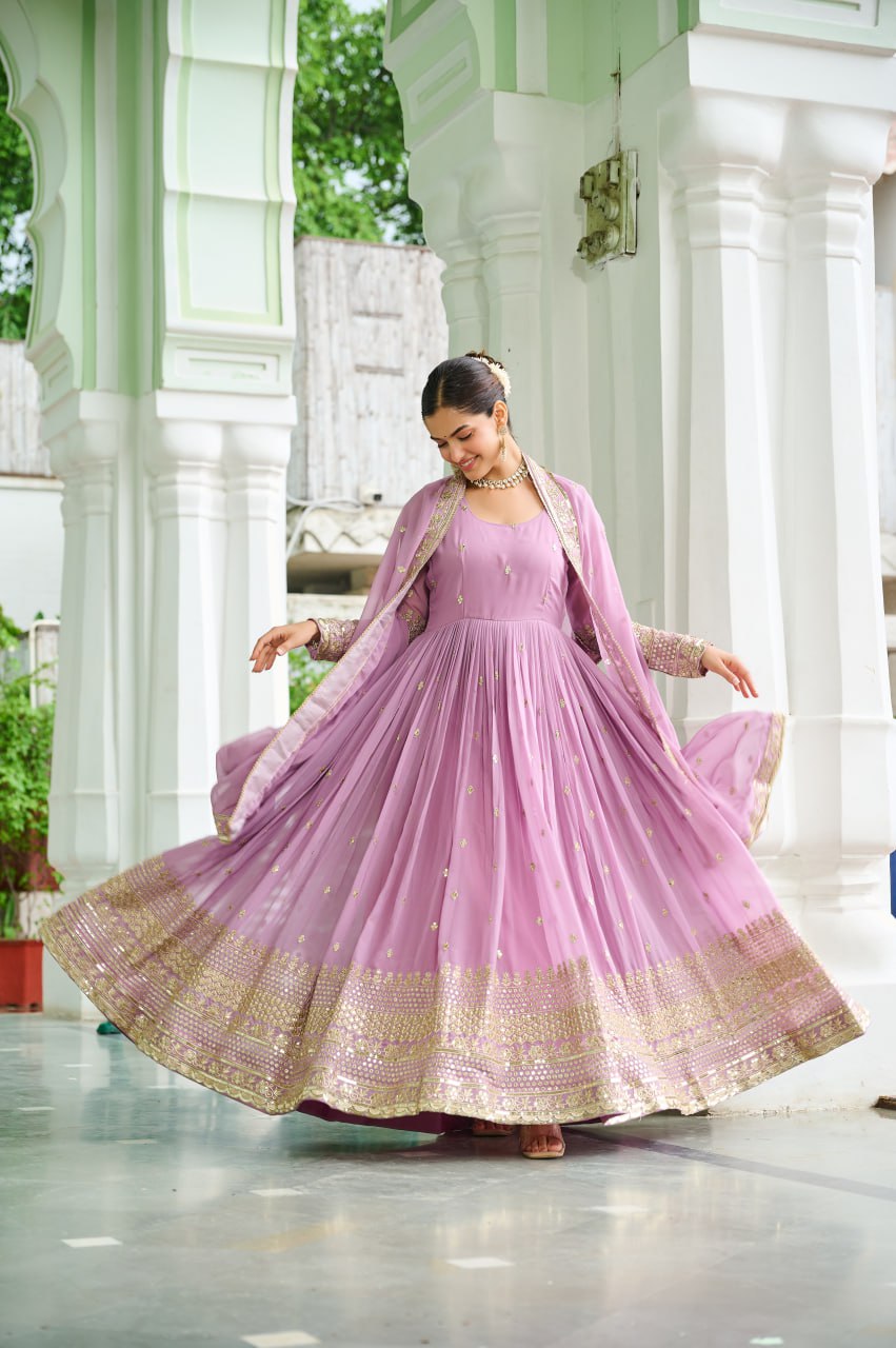 Lavender Designer Dusty-Tone Faux Georgette Gown with Embroidery & Sequins Dupatta
