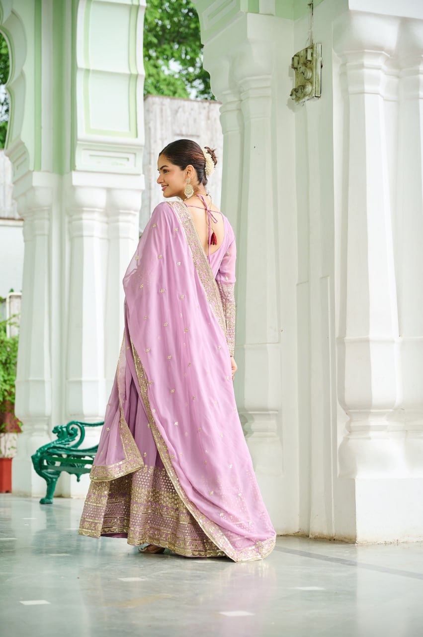 Lavender Designer Dusty-Tone Faux Georgette Gown with Embroidery & Sequins Dupatta