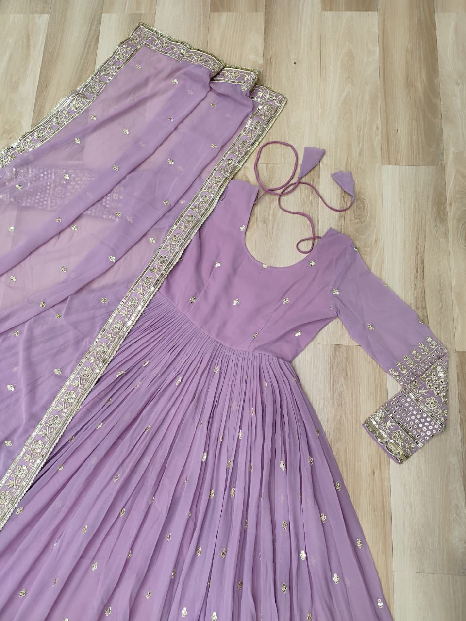 Lavender Designer Dusty-Tone Faux Georgette Gown with Embroidery & Sequins Dupatta