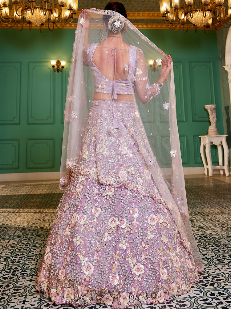 Mauve Double Sequin Embroidered Net Lehenga Choli Dupatta Set with Mirror & Thread Work