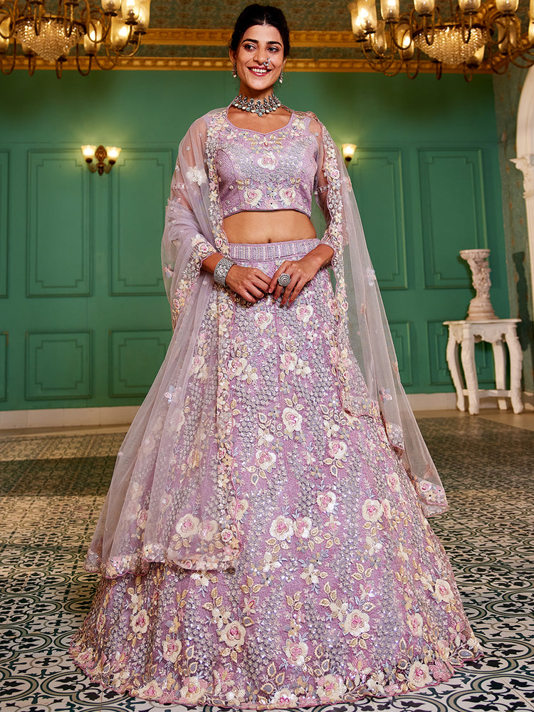 Mauve Double Sequin Embroidered Net Lehenga Choli Dupatta Set with Mirror & Thread Work