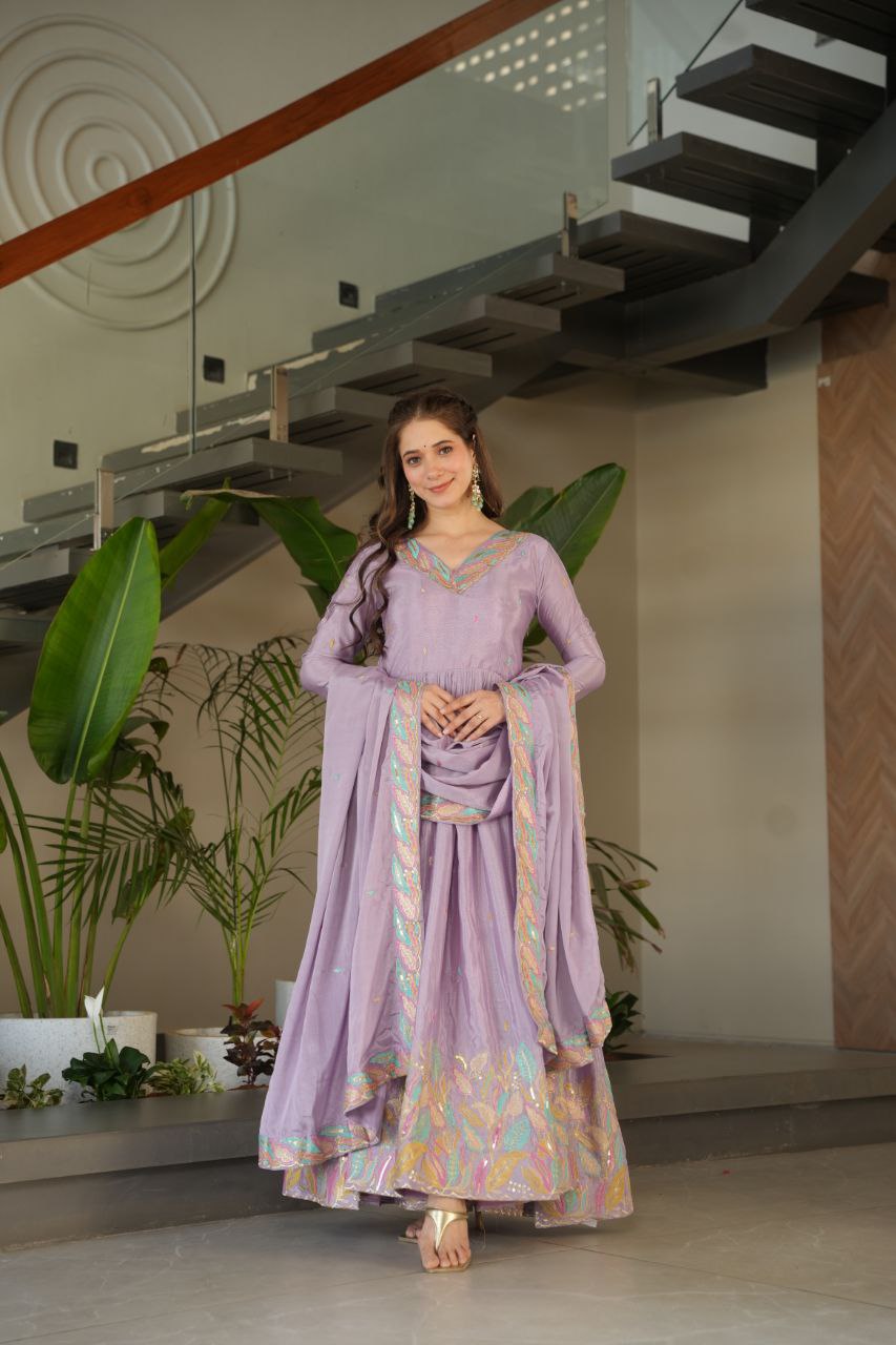 Lavender Elegant Chinnon Embroidered Gown with Dupatta – Full Sleeve Premium Partywear Ensemble
