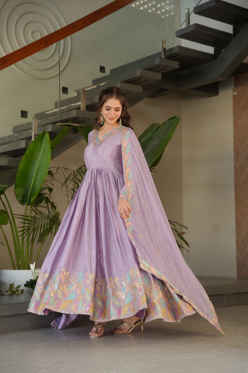 Lavender Elegant Chinnon Embroidered Gown with Dupatta – Full Sleeve Premium Partywear Ensemble