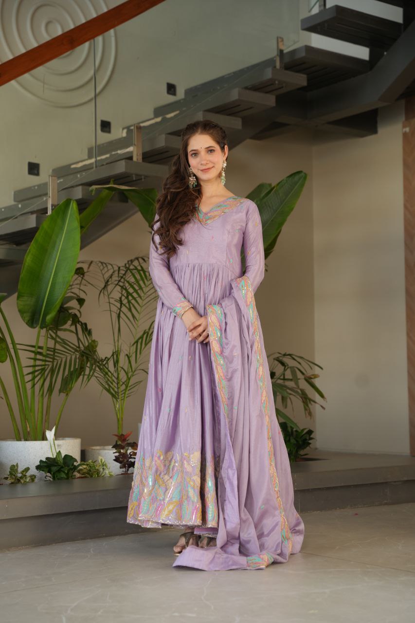 Lavender Elegant Chinnon Embroidered Gown with Dupatta – Full Sleeve Premium Partywear Ensemble