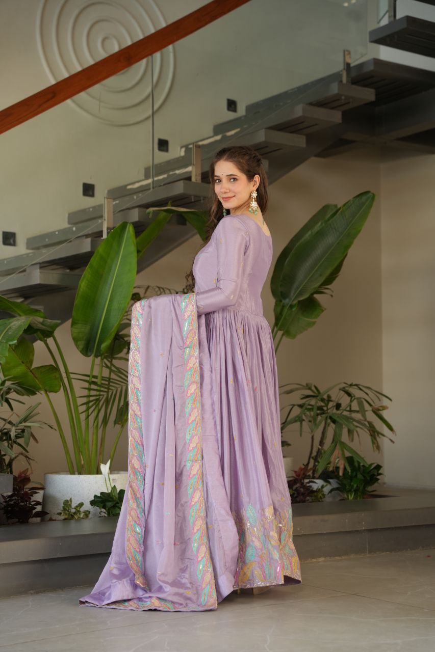Lavender Elegant Chinnon Embroidered Gown with Dupatta – Full Sleeve Premium Partywear Ensemble