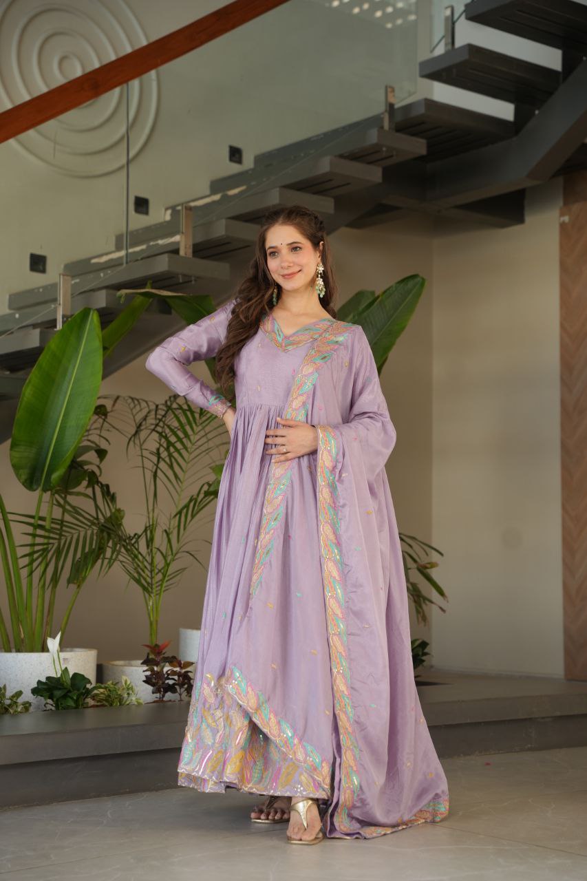Lavender Elegant Chinnon Embroidered Gown with Dupatta – Full Sleeve Premium Partywear Ensemble