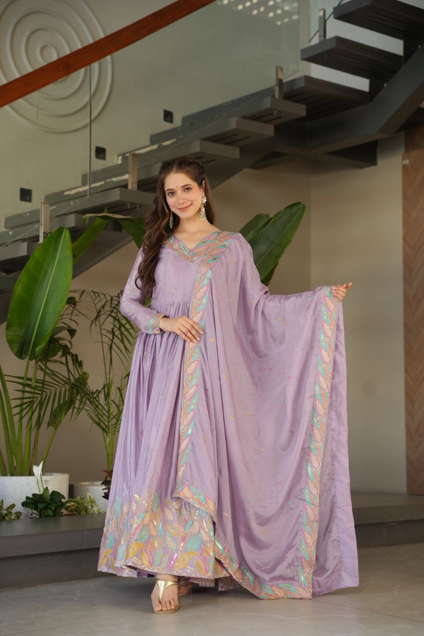 Lavender Elegant Chinnon Embroidered Gown with Dupatta – Full Sleeve Premium Partywear Ensemble