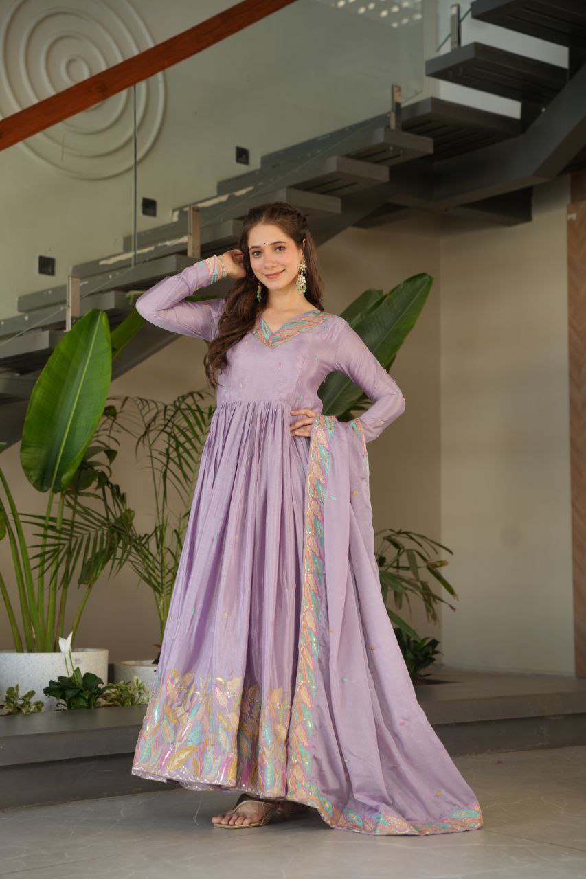 Lavender Elegant Chinnon Embroidered Gown with Dupatta – Full Sleeve Premium Partywear Ensemble