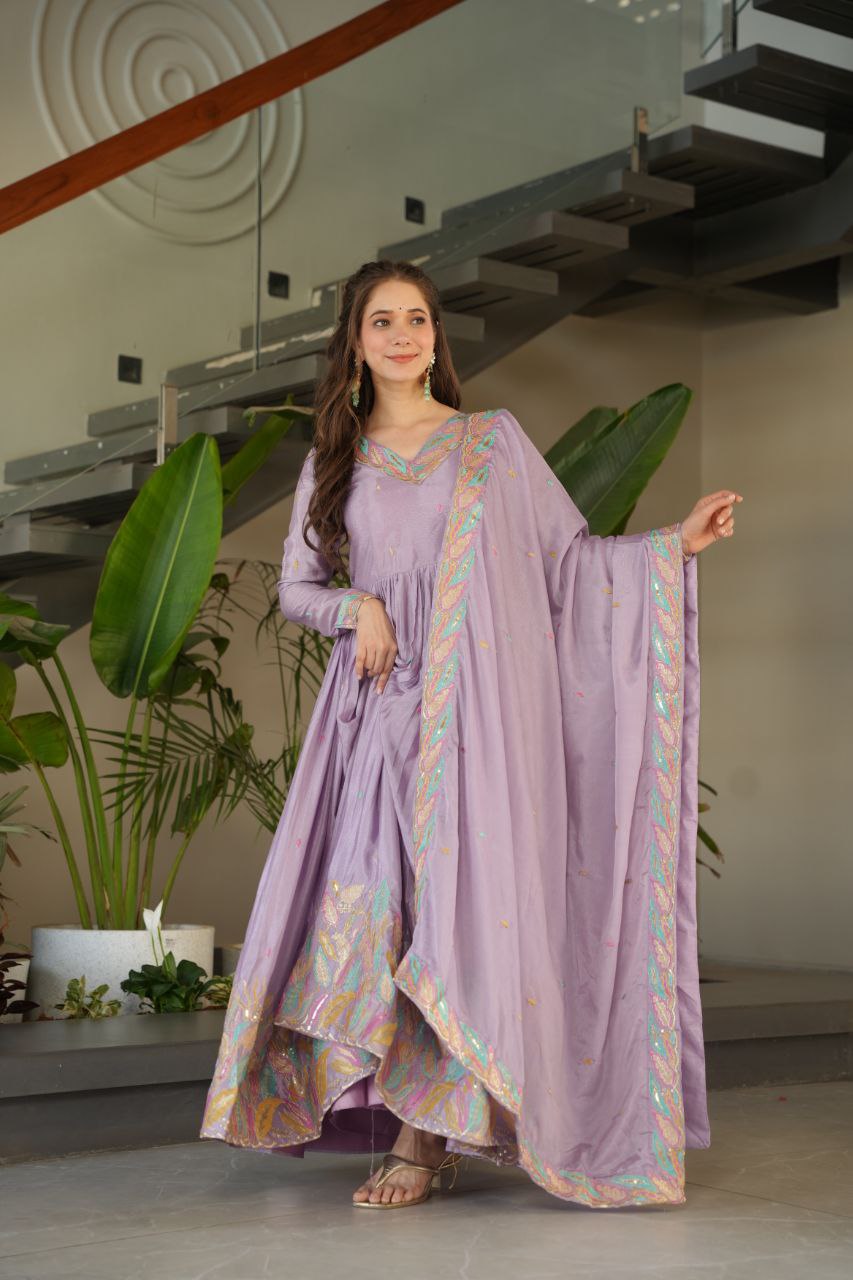 Lavender Elegant Chinnon Embroidered Gown with Dupatta – Full Sleeve Premium Partywear Ensemble