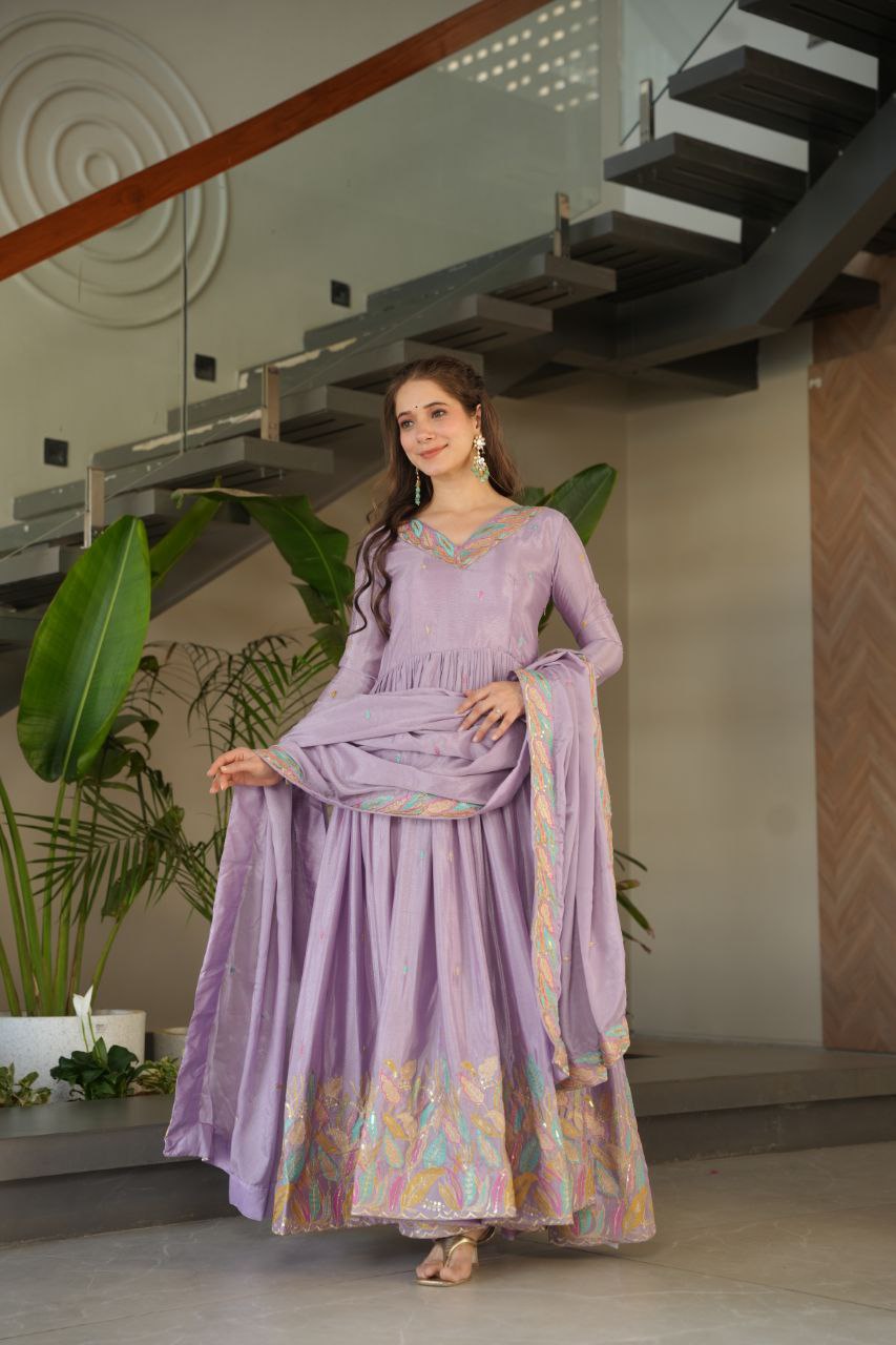Lavender Elegant Chinnon Embroidered Gown with Dupatta – Full Sleeve Premium Partywear Ensemble