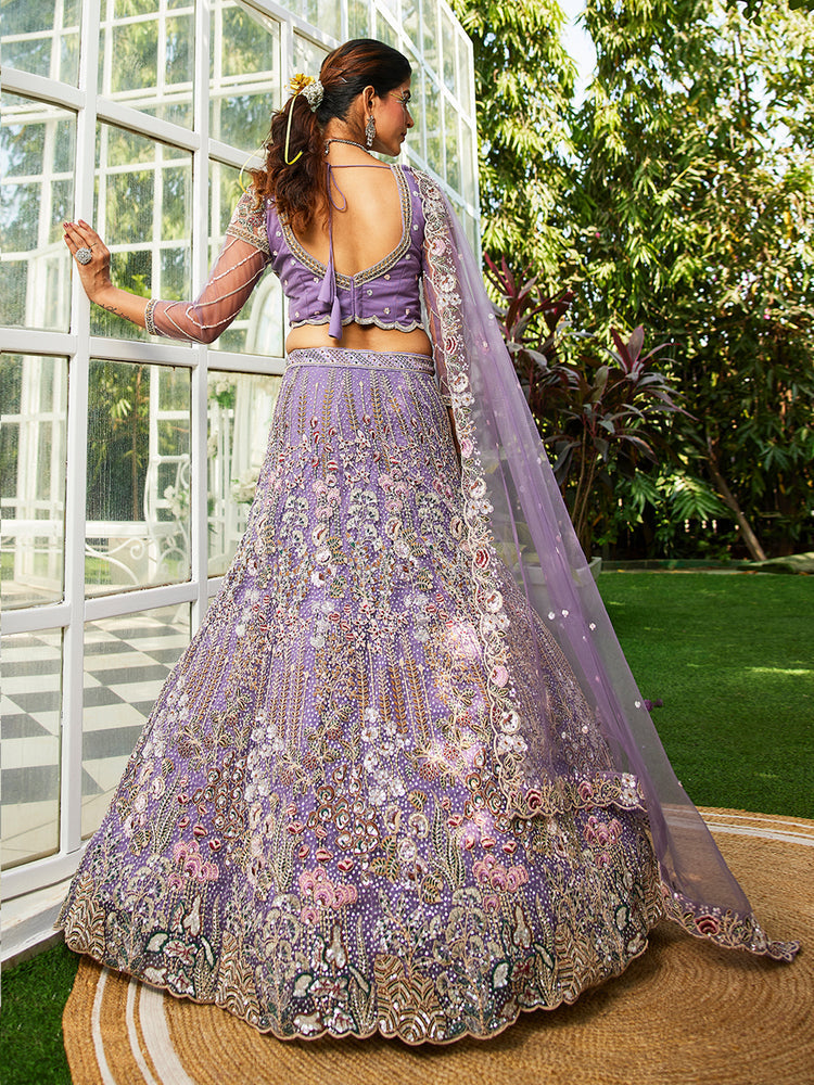 Lavender Elegant Multi-Color Sequin Embroidered Net Lehenga Choli Dupatta