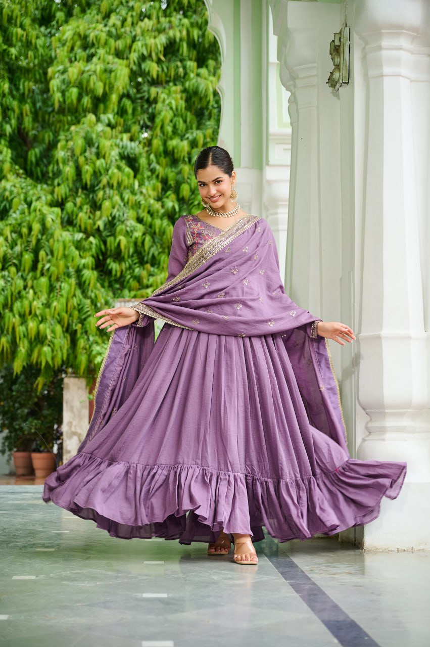 Lavender Elegant Vichitra Silk Gown with Rich Zari & Thread Embroidery and Dupatta – Designer Full-Sleeve Frill Gown