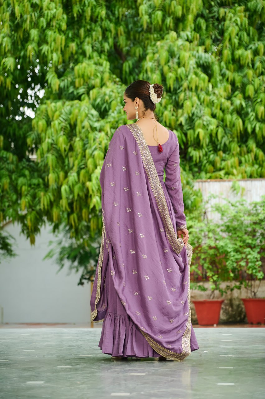 Lavender Elegant Vichitra Silk Gown with Rich Zari & Thread Embroidery and Dupatta – Designer Full-Sleeve Frill Gown