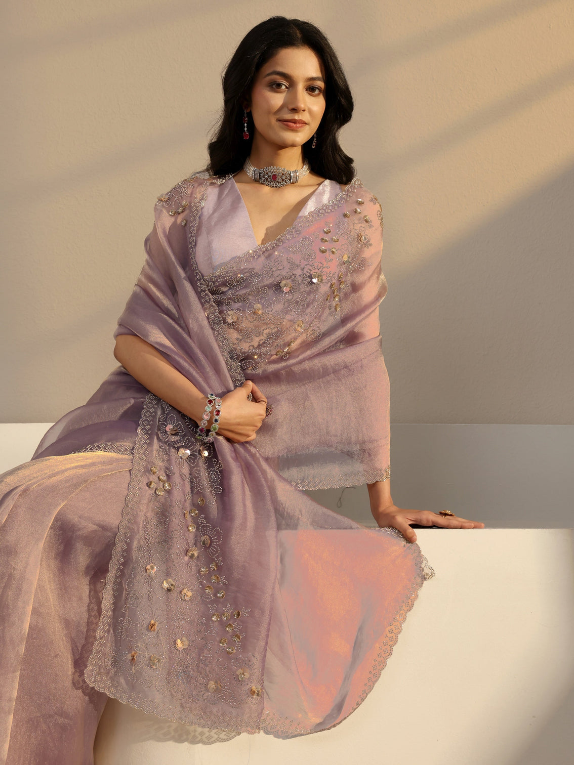 Mameraa Lavender Embellished Organza Saree With Unstiched Blouse Piece