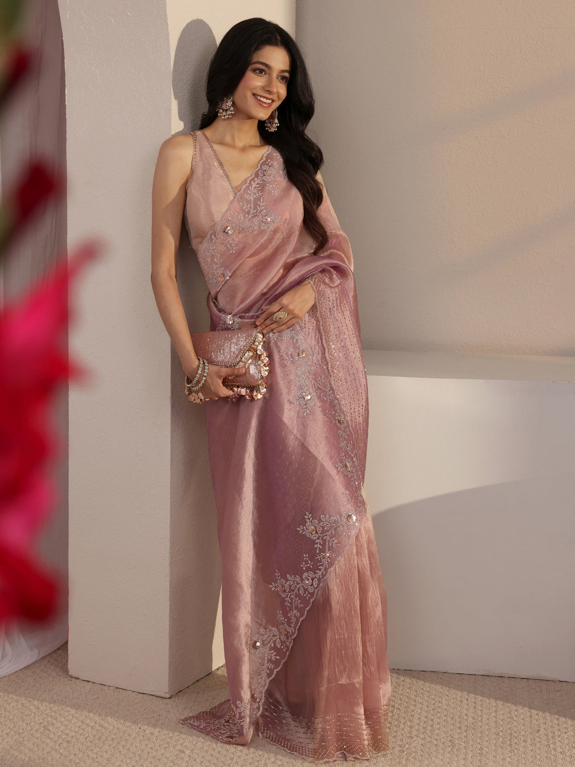 Mameraa Lavender Embellished Tissue Saree With Unstiched Blouse Piece
