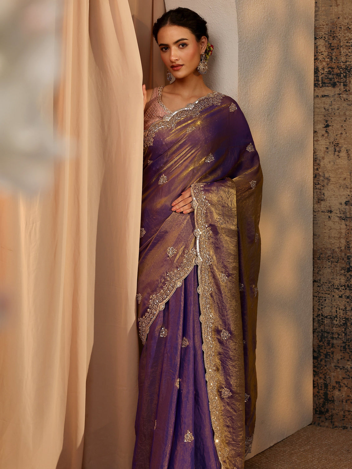 Mameraa Lavender Embellished Tissue Saree With Unstitched Blouse Piece