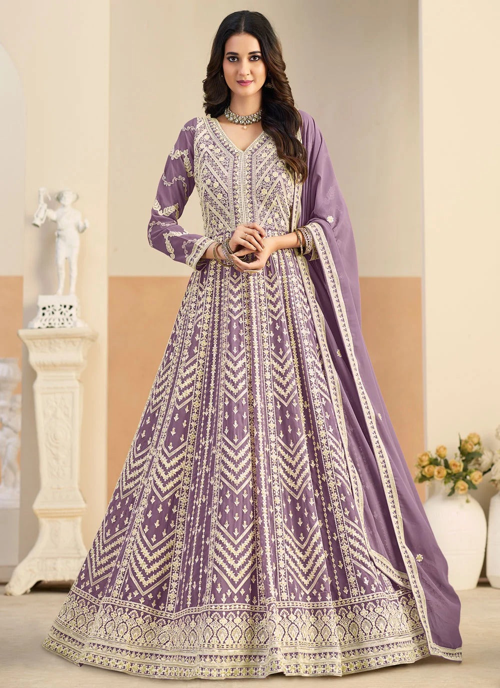 Lavender embroidered anarkali suit in faux georgette for engagement wear