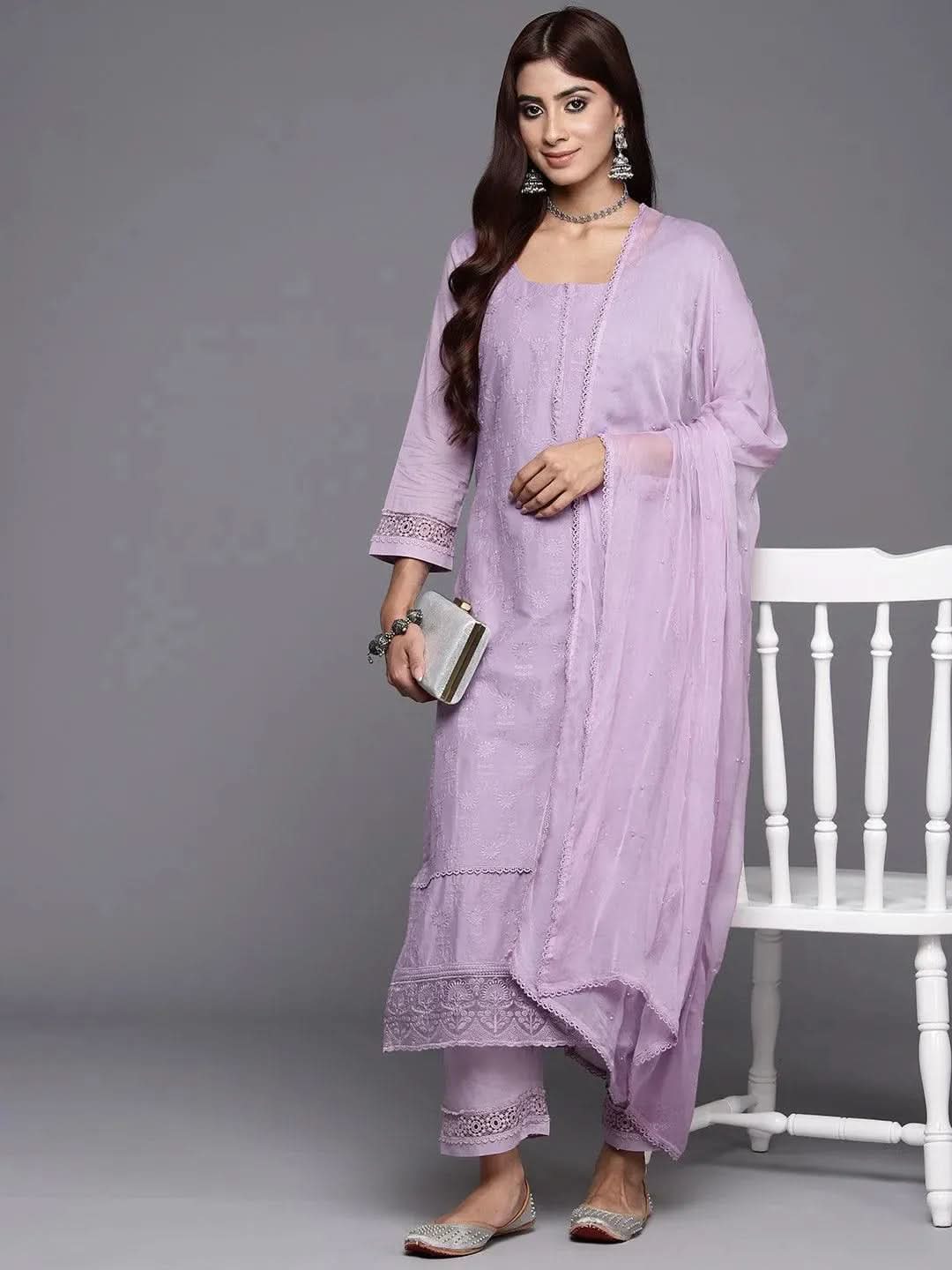Mameraa Lavender Embroidered Cotton Straight Kurta With Trousers & Dupatta