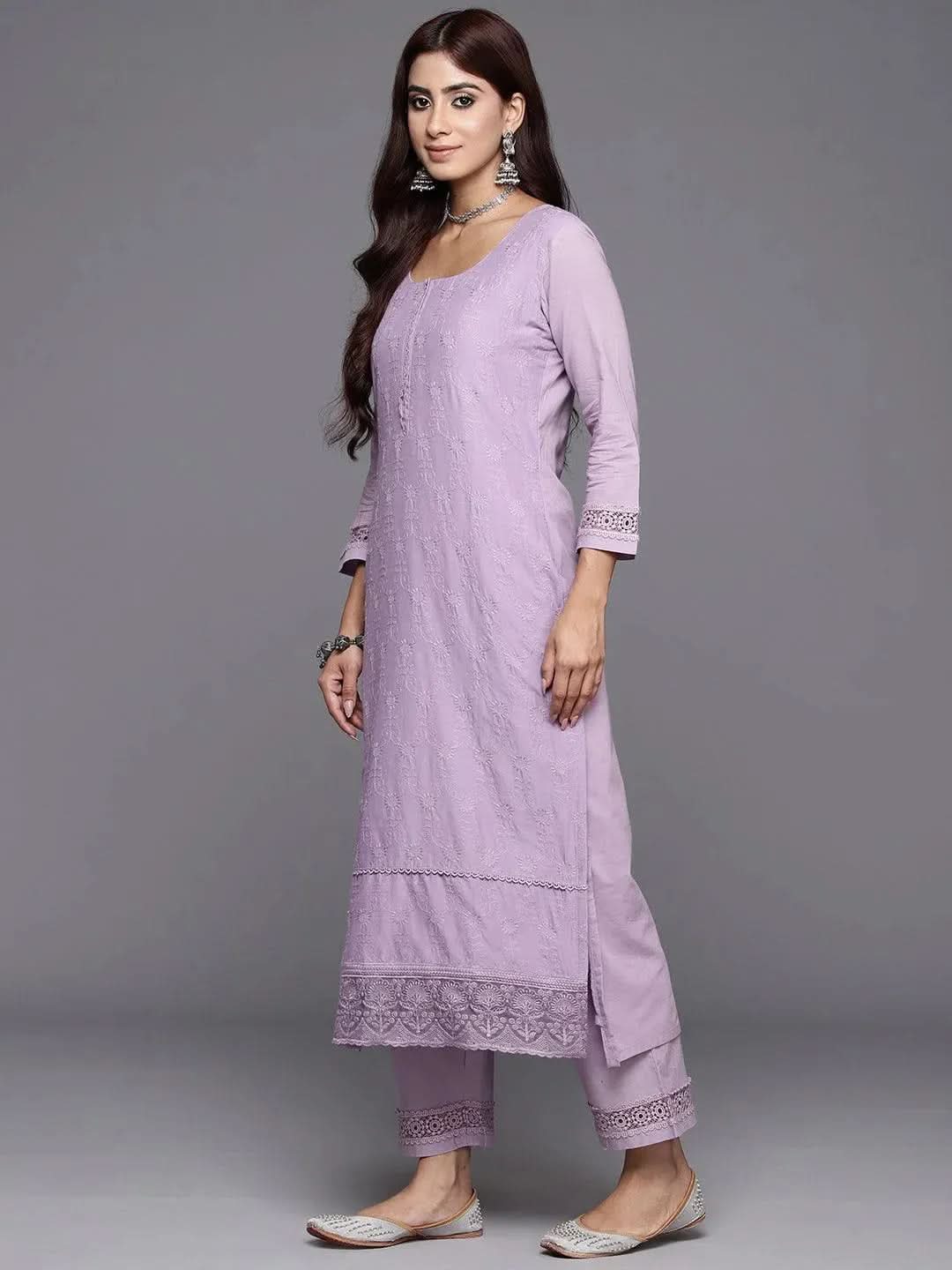 Mameraa Lavender Embroidered Cotton Straight Kurta With Trousers & Dupatta