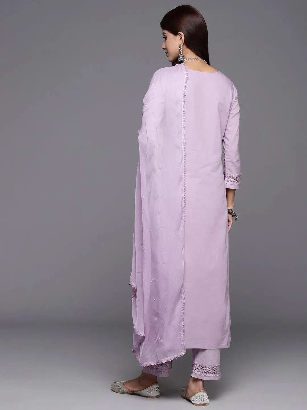 Mameraa Lavender Embroidered Cotton Straight Kurta With Trousers & Dupatta