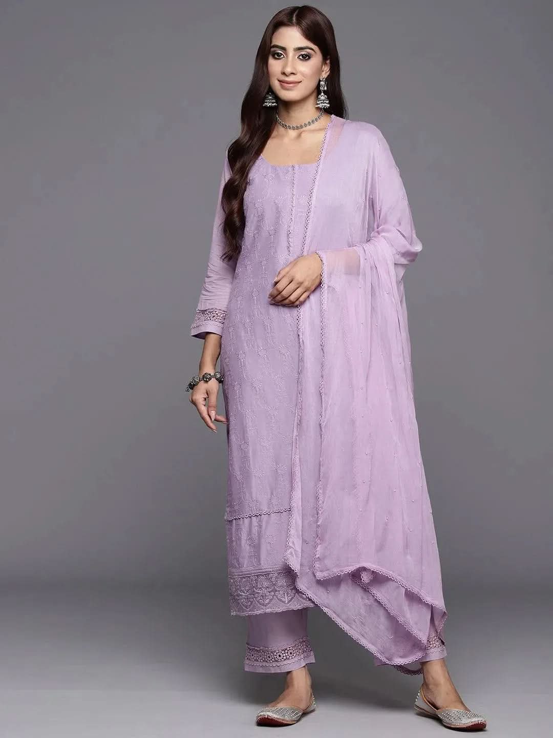 Mameraa Lavender Embroidered Cotton Straight Kurta With Trousers & Dupatta