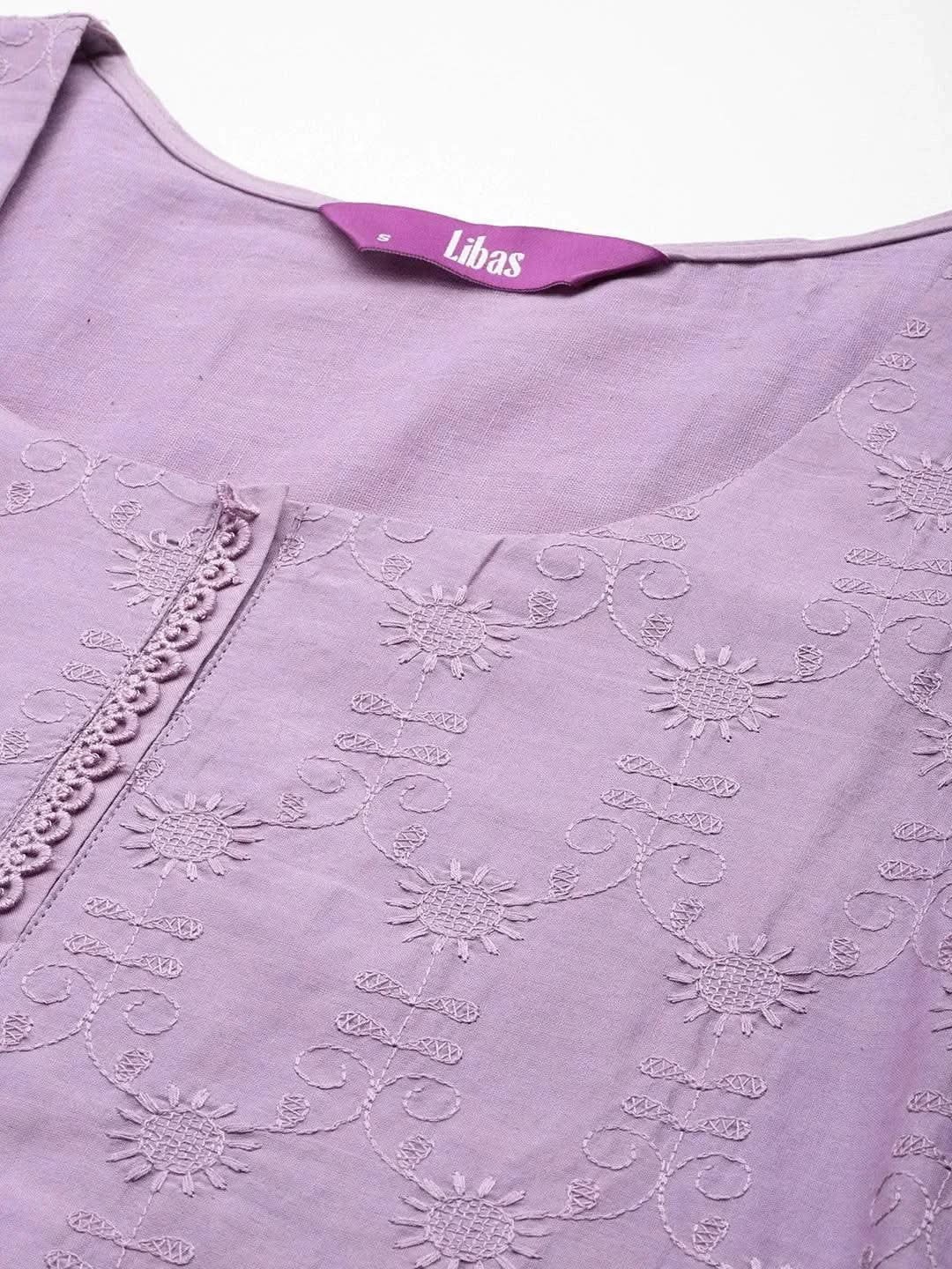 Mameraa Lavender Embroidered Cotton Straight Kurta With Trousers & Dupatta
