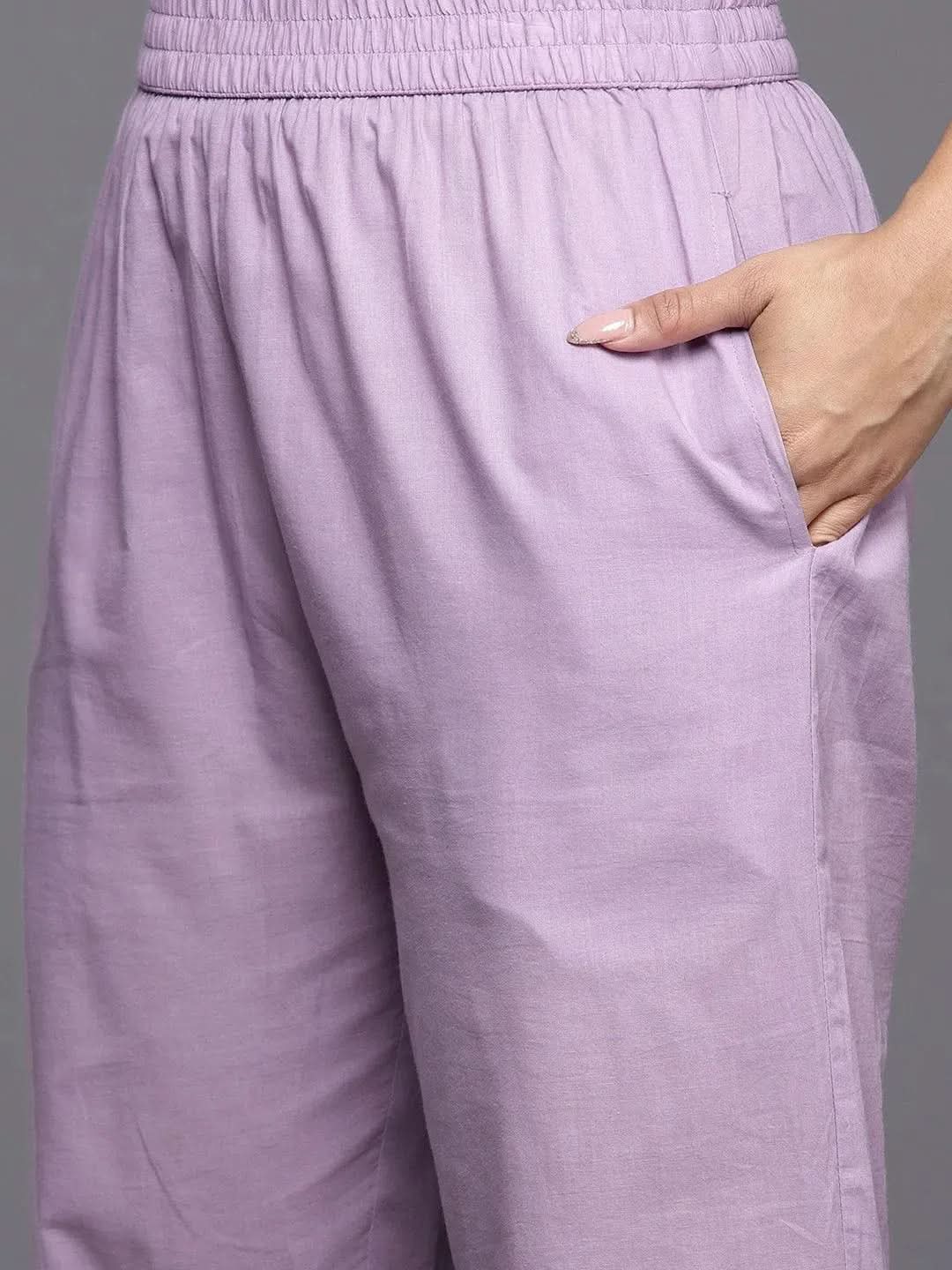 Mameraa Lavender Embroidered Cotton Straight Kurta With Trousers & Dupatta