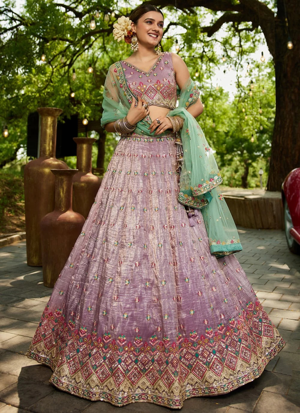 Lavender embroidered silk wedding wear lehenga choli with mirror work