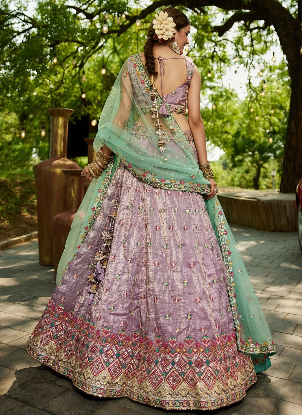 Lavender embroidered silk wedding wear lehenga choli with mirror work