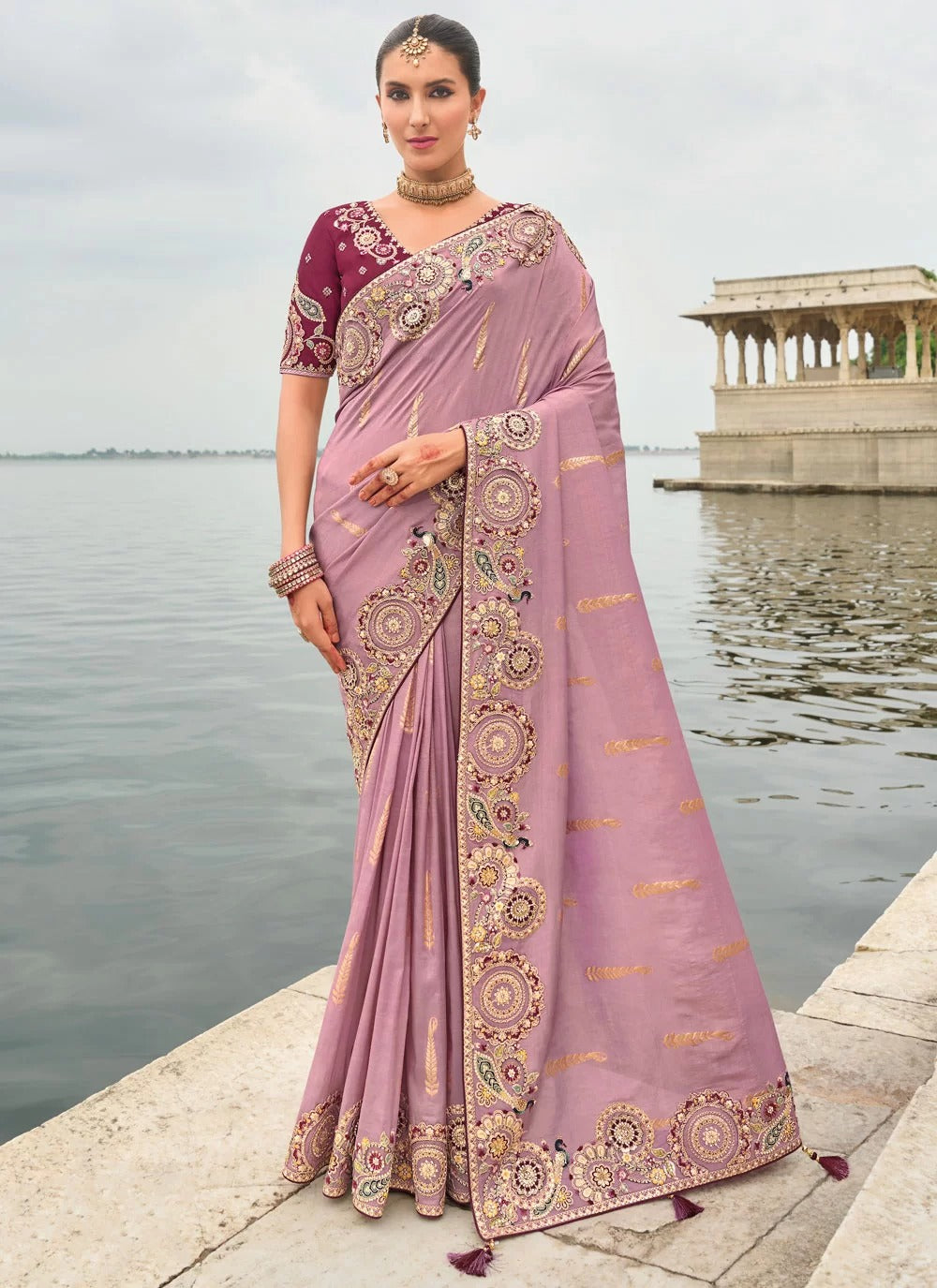 Elegant lavender embroidered tissue silk saree