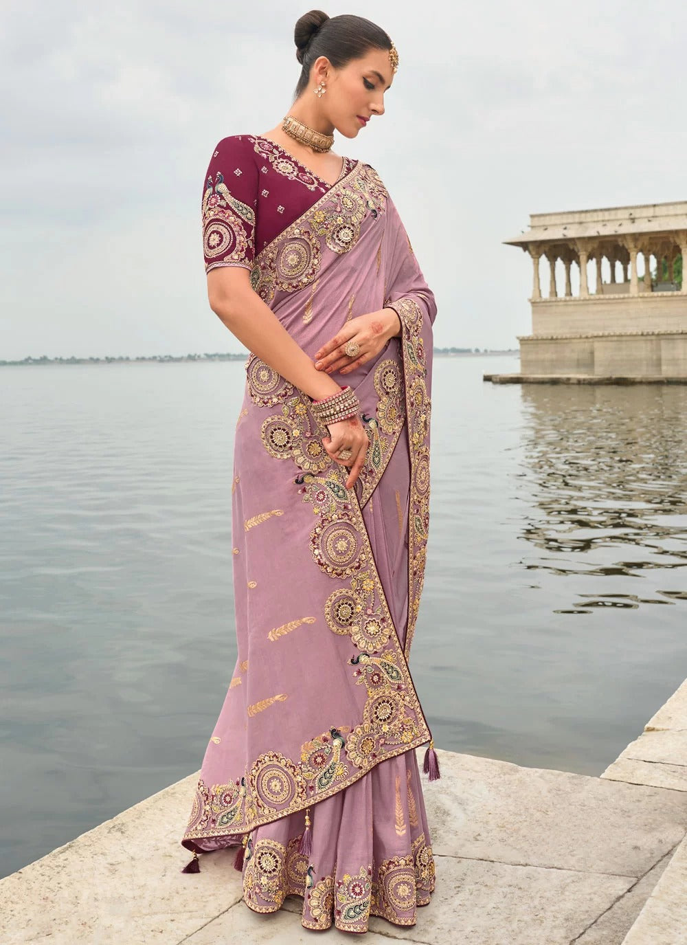 Elegant lavender embroidered tissue silk saree